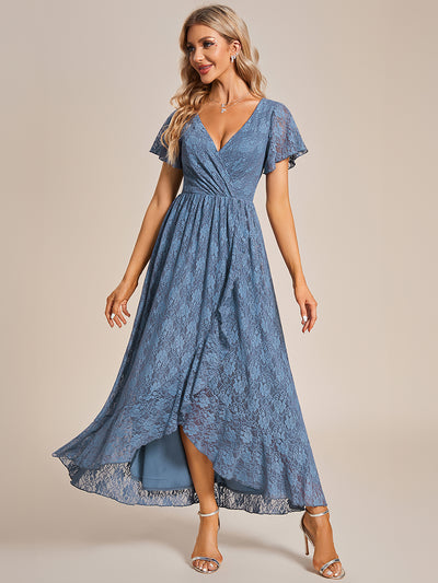 Größe Nach Maß Kurzärmliges Spitzen-Abendkleid in A-Linie mit Rüschen und V-Ausschnitt #farbe_Taubenblau