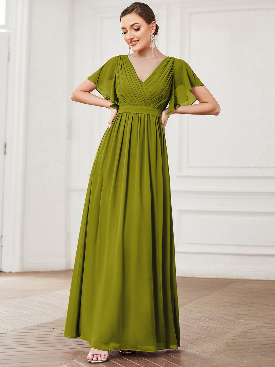 V-Ausschnitt kurze Ärmel Bodenlaenge A-Linie Chiffon Abendkleider #Farbe_Zitrone