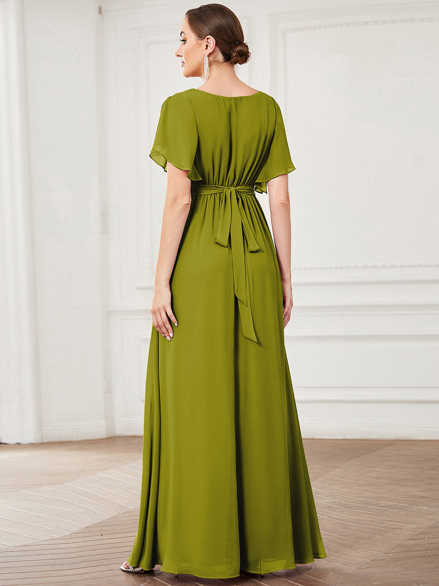 V-Ausschnitt kurze Ärmel Bodenlaenge A-Linie Chiffon Abendkleider #Farbe_Zitrone