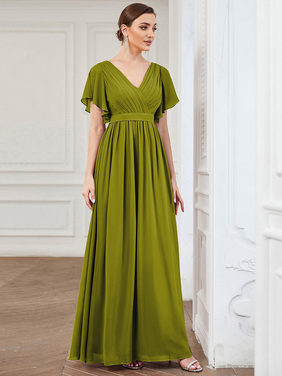 V-Ausschnitt kurze Ärmel Bodenlaenge A-Linie Chiffon Abendkleider #Farbe_Zitrone