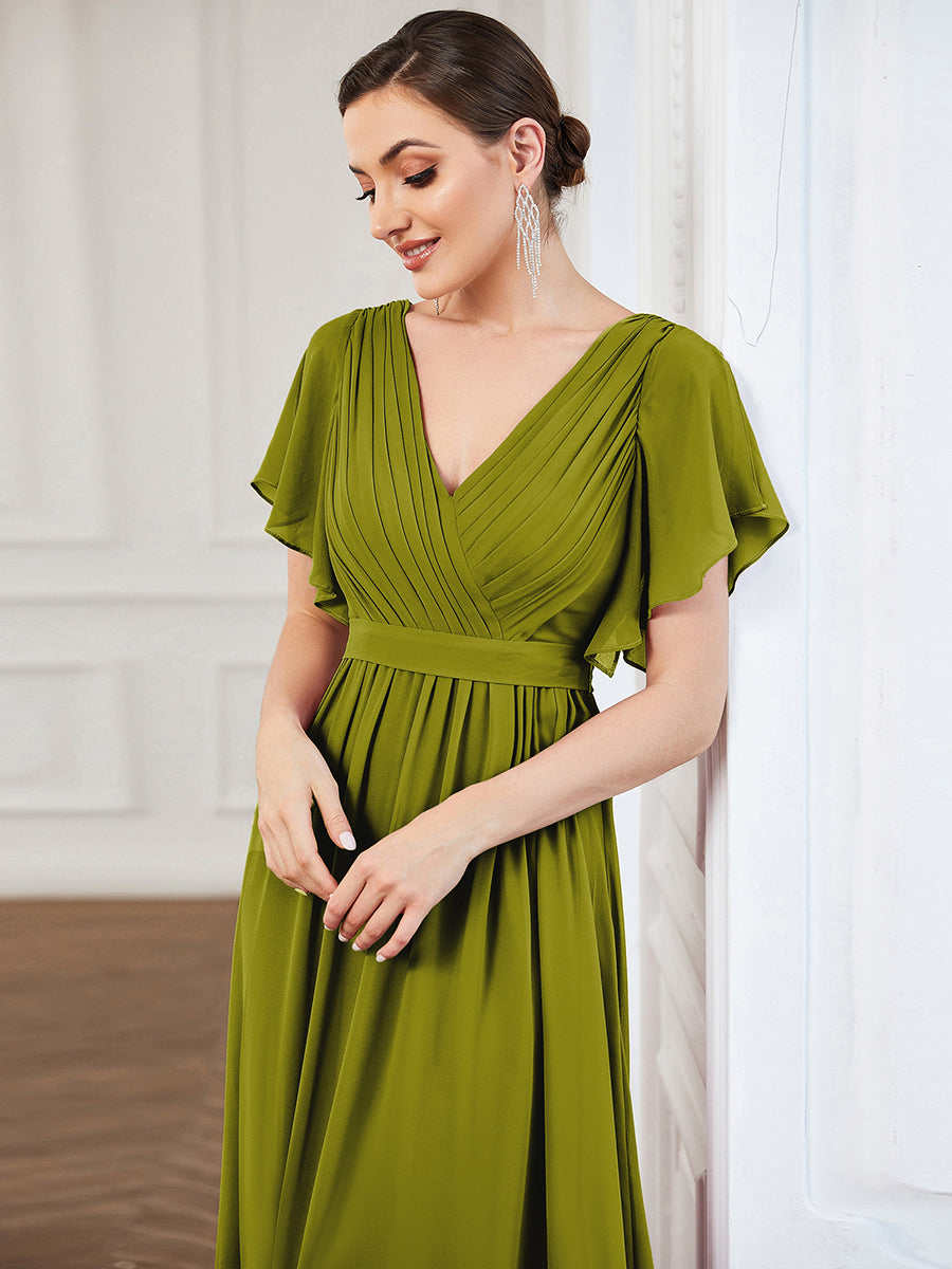 V-Ausschnitt kurze Ärmel Bodenlaenge A-Linie Chiffon Abendkleider #Farbe_Zitrone