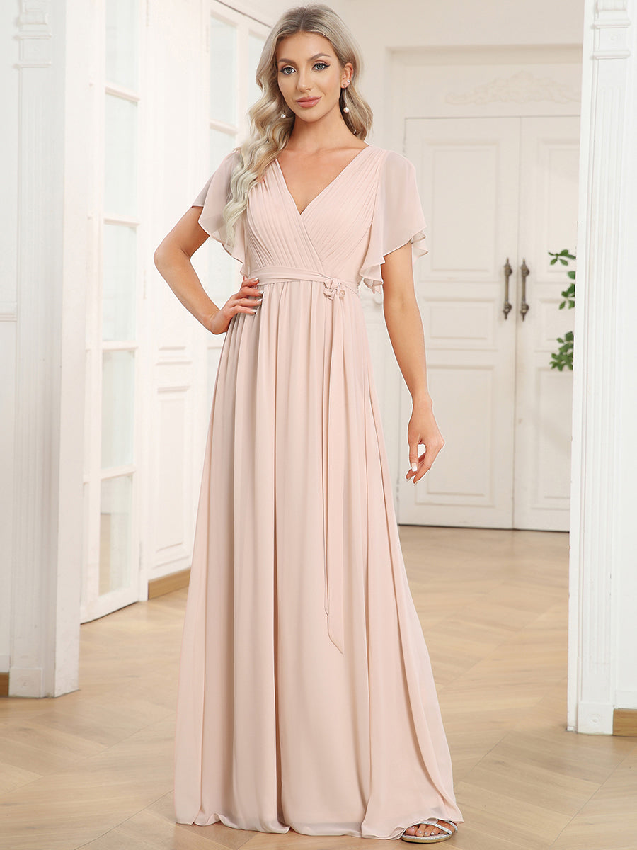 V-Ausschnitt kurze Ärmel Bodenlaenge A-Linie Chiffon Abendkleider #Farbe_Blush-Rosa
