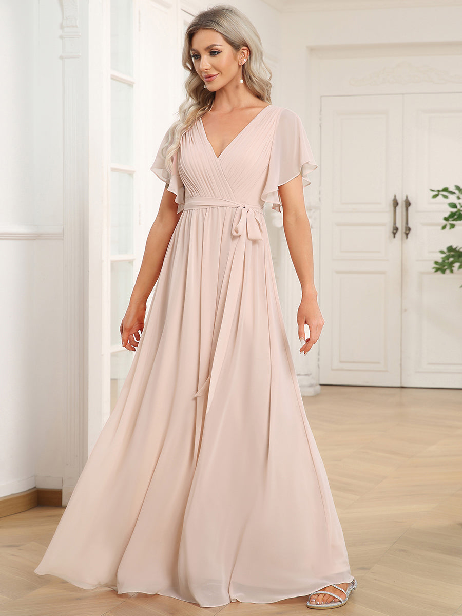 V-Ausschnitt kurze Ärmel Bodenlaenge A-Linie Chiffon Abendkleider #Farbe_Blush-Rosa