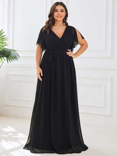 V-Ausschnitt kurze Ärmel Bodenlaenge A-Linie Chiffon Abendkleider #Farbe_Schwarz
