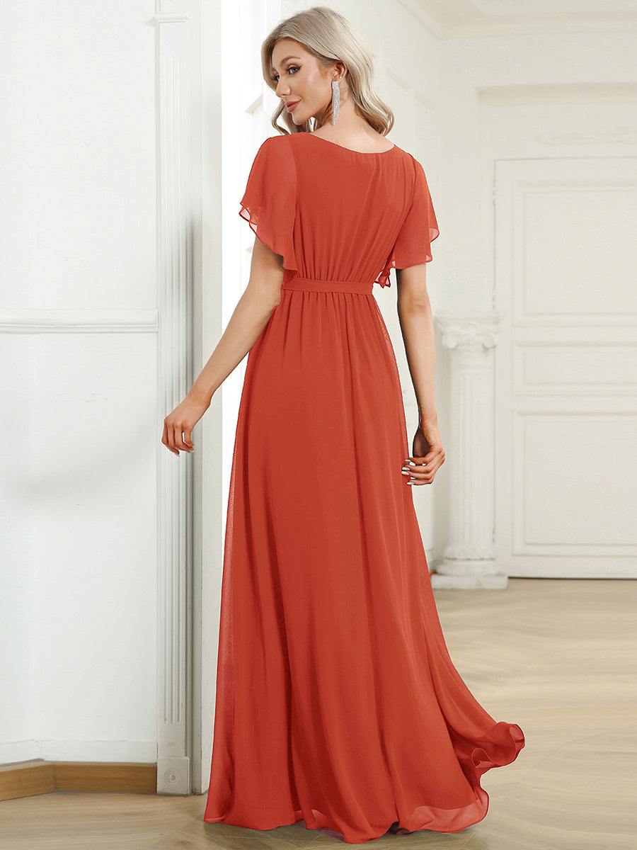 V-Ausschnitt kurze Ärmel Bodenlaenge A-Linie Chiffon Abendkleider #Farbe_Gebranntes Orange