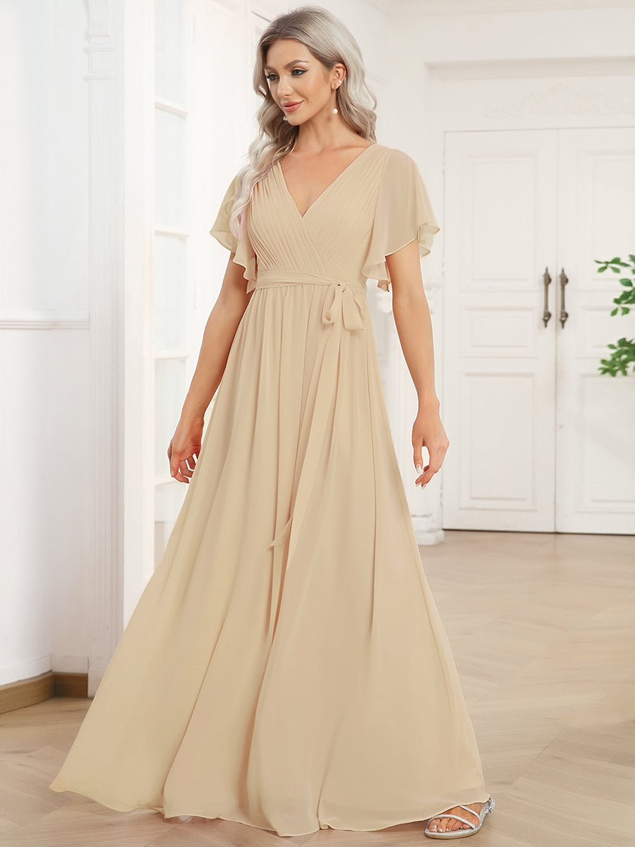 V-Ausschnitt kurze Ärmel Bodenlaenge A-Linie Chiffon Abendkleider #Farbe_Champagner