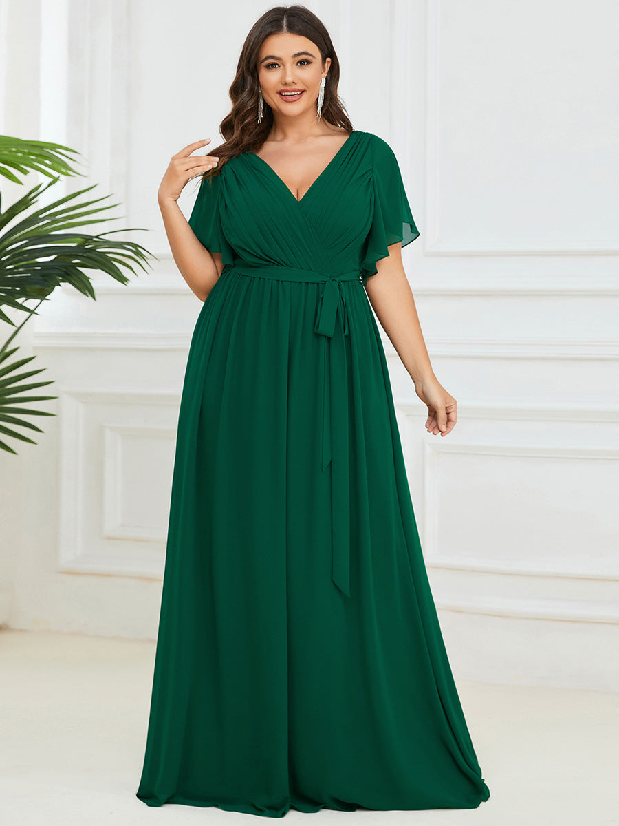 V-Ausschnitt kurze Ärmel Bodenlaenge A-Linie Chiffon Abendkleider #Farbe_Dunkelgrün