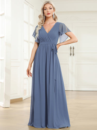 V-Ausschnitt kurze Ärmel Bodenlaenge A-Linie Chiffon Abendkleider #Farbe_Taubenblau
