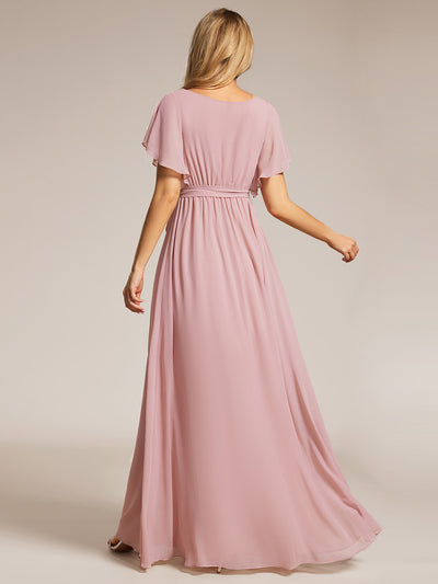 V-Ausschnitt kurze Ärmel Bodenlaenge A-Linie Chiffon Abendkleider #Farbe_Altrosa