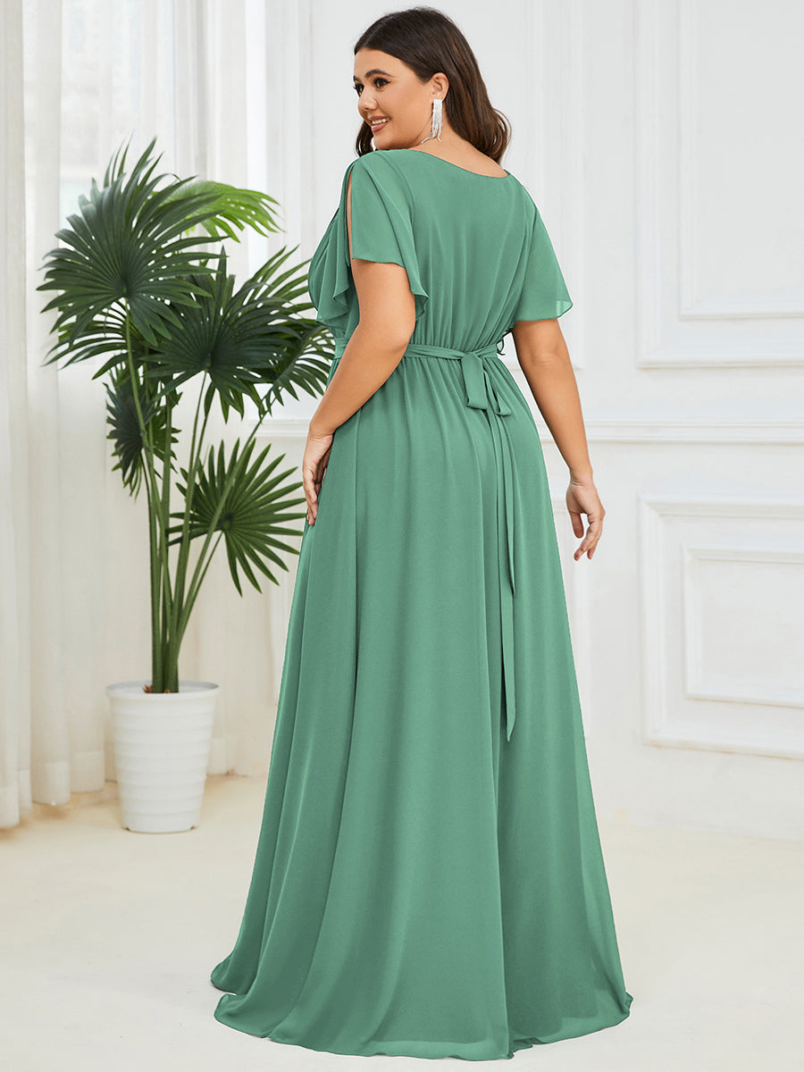 V-Ausschnitt kurze Ärmel Bodenlaenge A-Linie Chiffon Abendkleider #Farbe_Khakigrün
