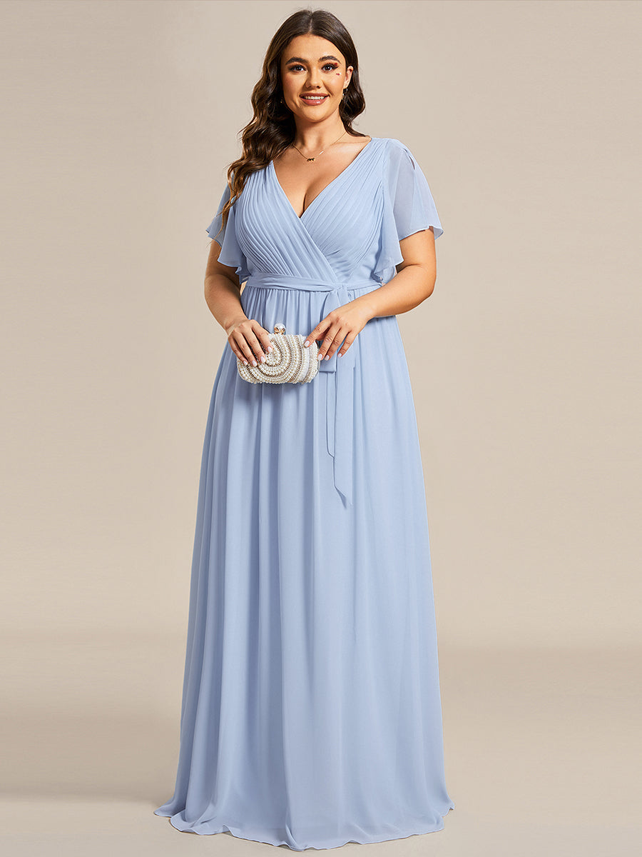V-Ausschnitt kurze Ärmel Bodenlaenge A-Linie Chiffon Abendkleider #Farbe_Eisblau