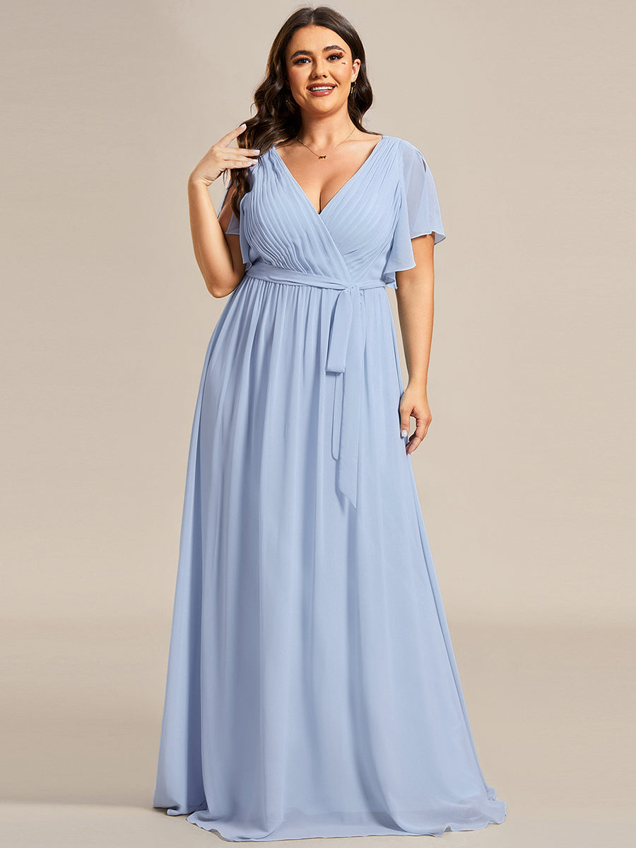 V-Ausschnitt kurze Ärmel Bodenlaenge A-Linie Chiffon Abendkleider #Farbe_Eisblau