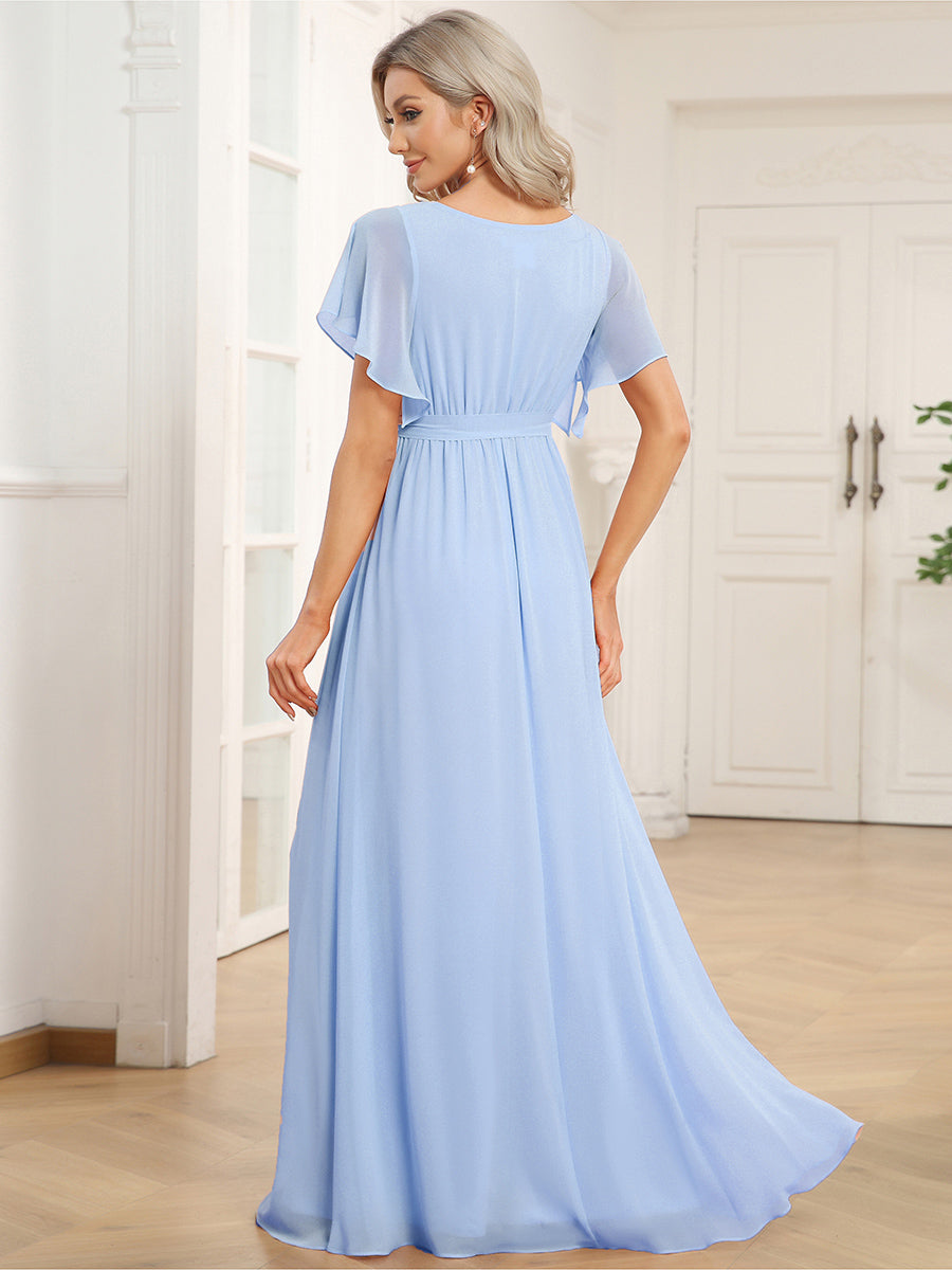 V-Ausschnitt kurze Ärmel Bodenlaenge A-Linie Chiffon Abendkleider #Farbe_Eisblau