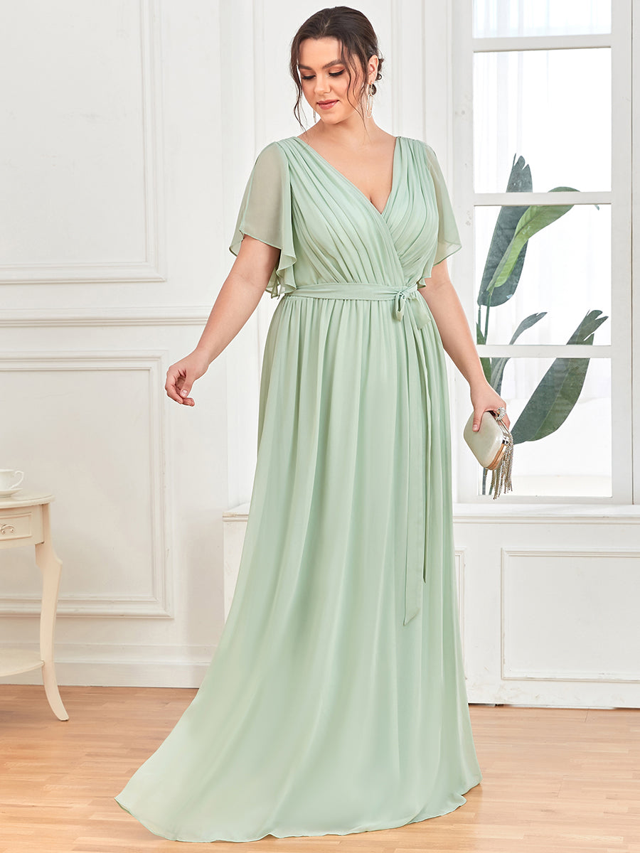 V-Ausschnitt kurze Ärmel Bodenlaenge A-Linie Chiffon Abendkleider #Farbe_Mintgrün