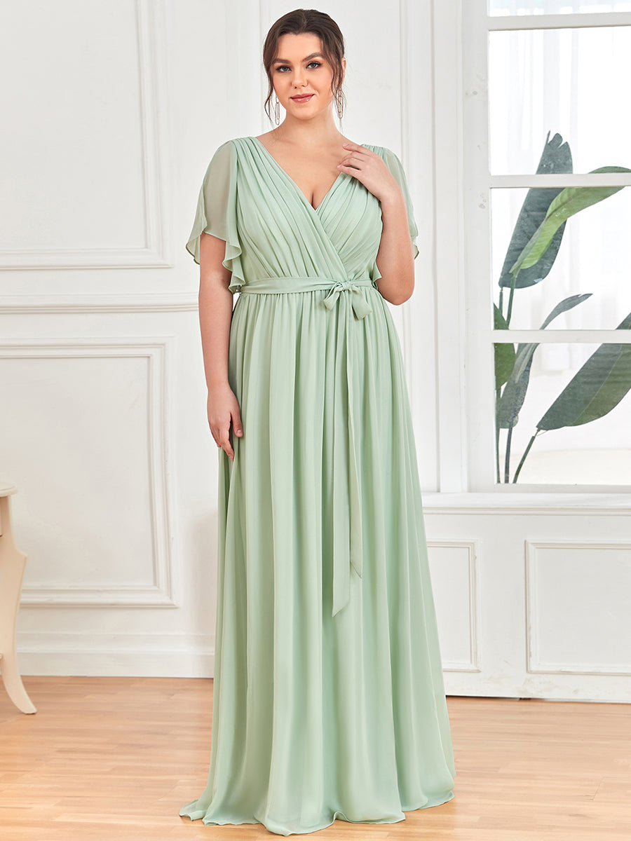 V-Ausschnitt kurze Ärmel Bodenlaenge A-Linie Chiffon Abendkleider #Farbe_Mintgrün