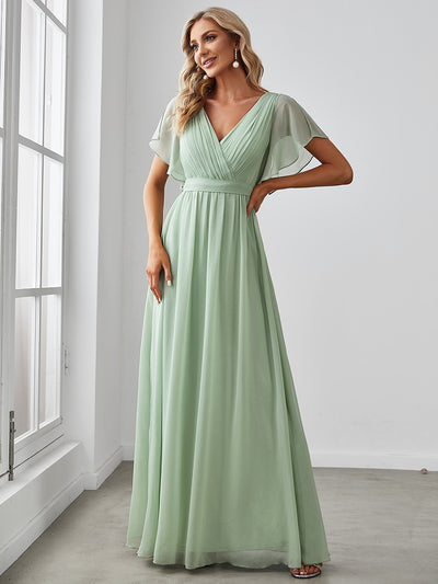 V-Ausschnitt kurze Ärmel Bodenlaenge A-Linie Chiffon Abendkleider #Farbe_Mintgrün