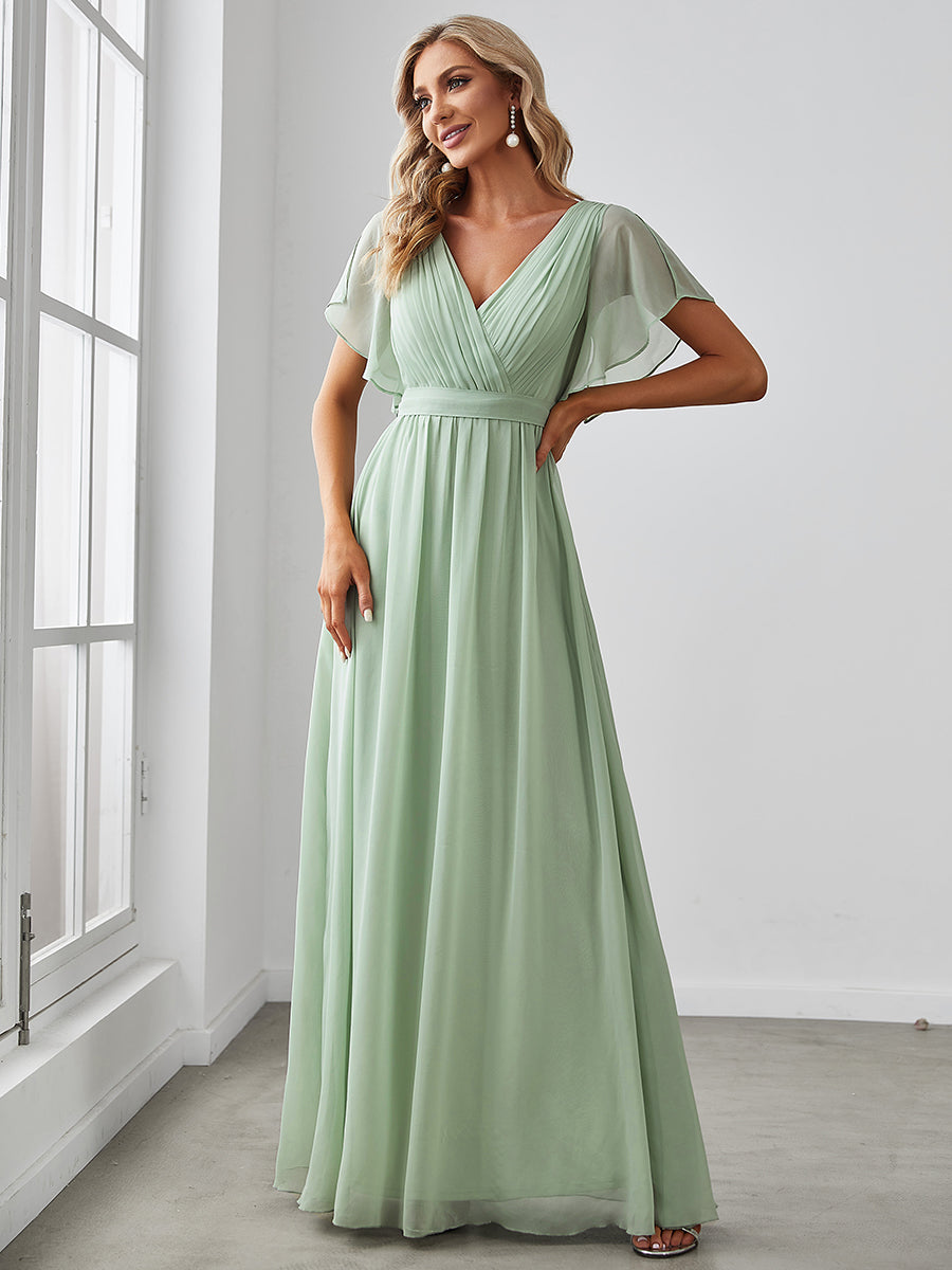 V-Ausschnitt kurze Ärmel Bodenlaenge A-Linie Chiffon Abendkleider #Farbe_Mintgrün