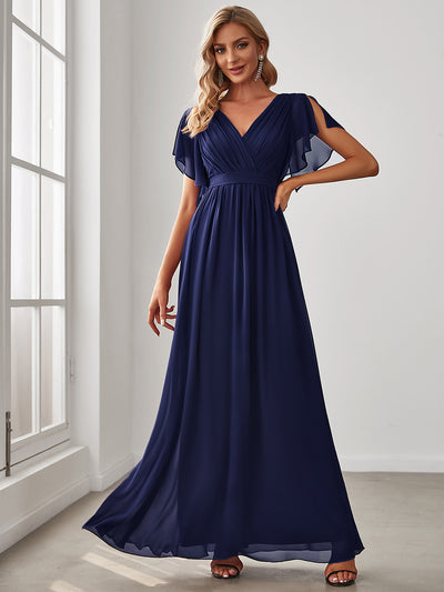 V-Ausschnitt kurze Ärmel Bodenlaenge A-Linie Chiffon Abendkleider #Farbe_Marineblau