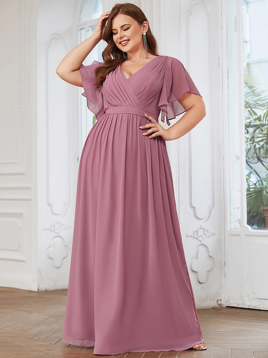 V-Ausschnitt kurze Ärmel Bodenlaenge A-Linie Chiffon Abendkleider #Farbe_Orchideenviolett