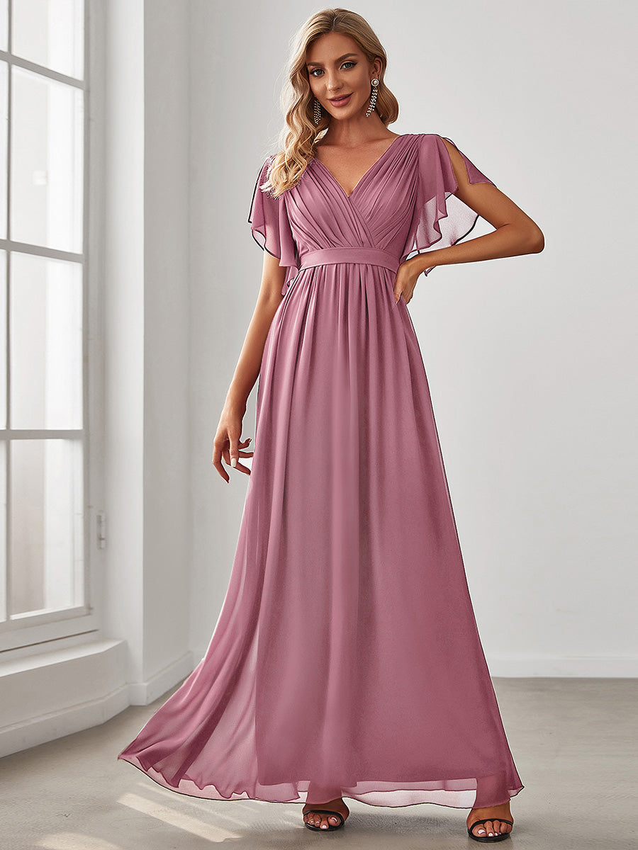 V-Ausschnitt kurze Ärmel Bodenlaenge A-Linie Chiffon Abendkleider #Farbe_Orchideenviolett