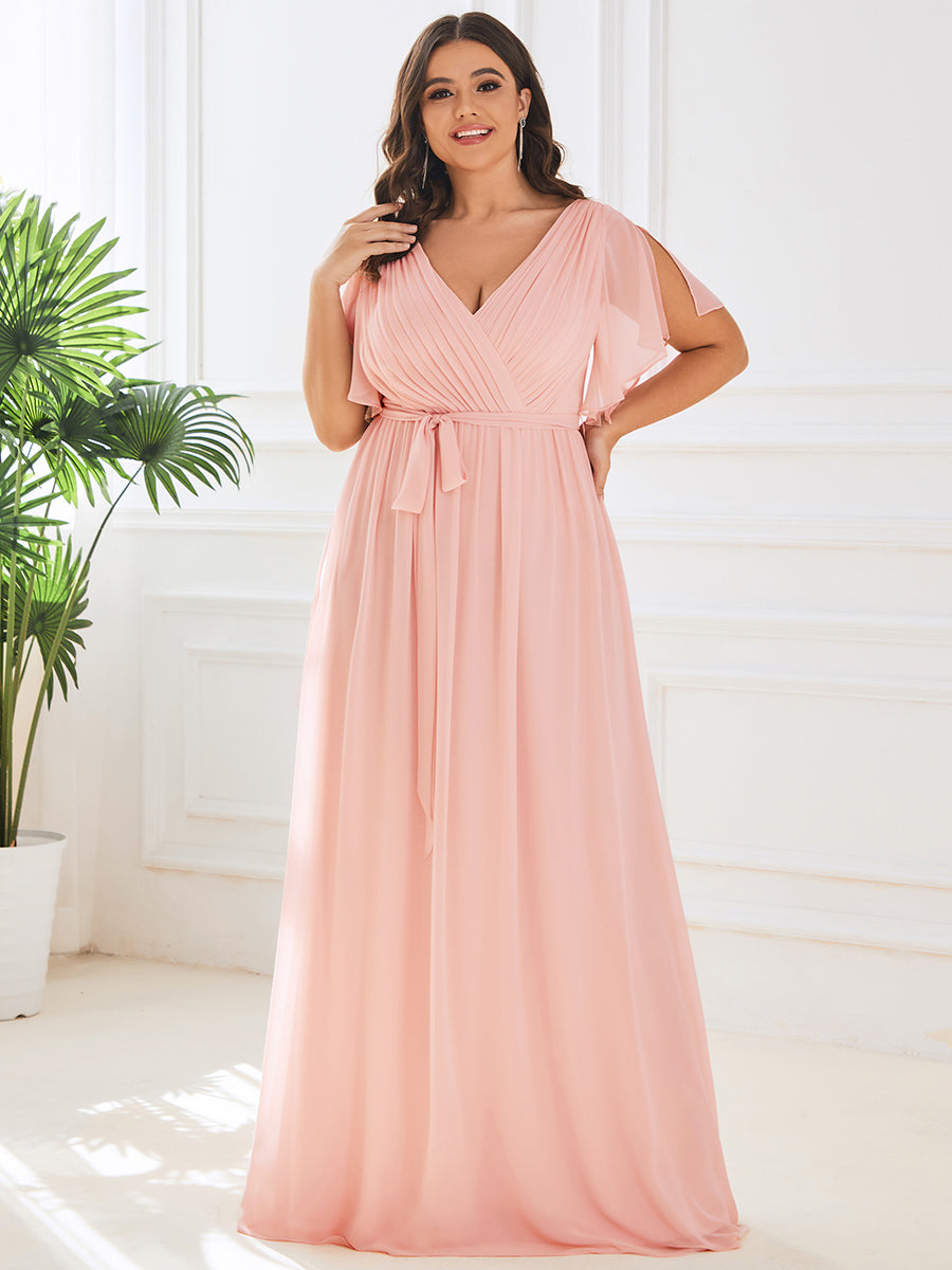 V-Ausschnitt kurze Ärmel Bodenlaenge A-Linie Chiffon Abendkleider #Farbe_Pink