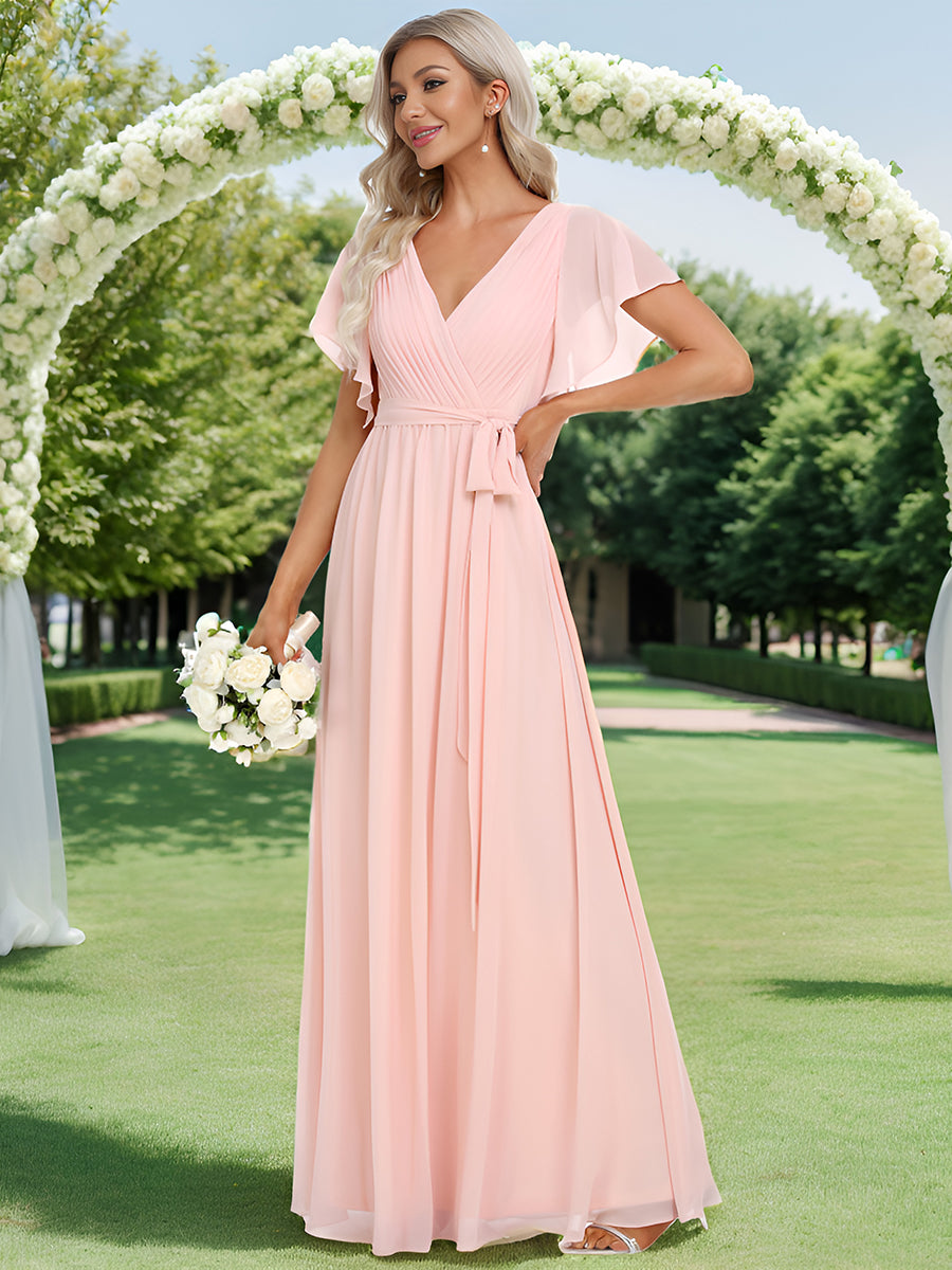 V-Ausschnitt kurze Ärmel Bodenlaenge A-Linie Chiffon Abendkleider #Farbe_Pink