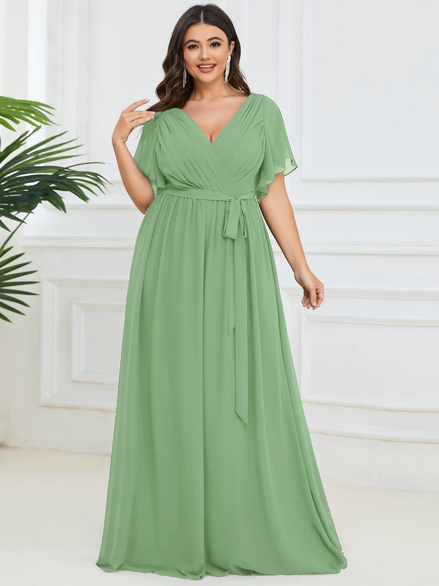 V-Ausschnitt kurze Ärmel Bodenlaenge A-Linie Chiffon Abendkleider #Farbe_Salbeigrün