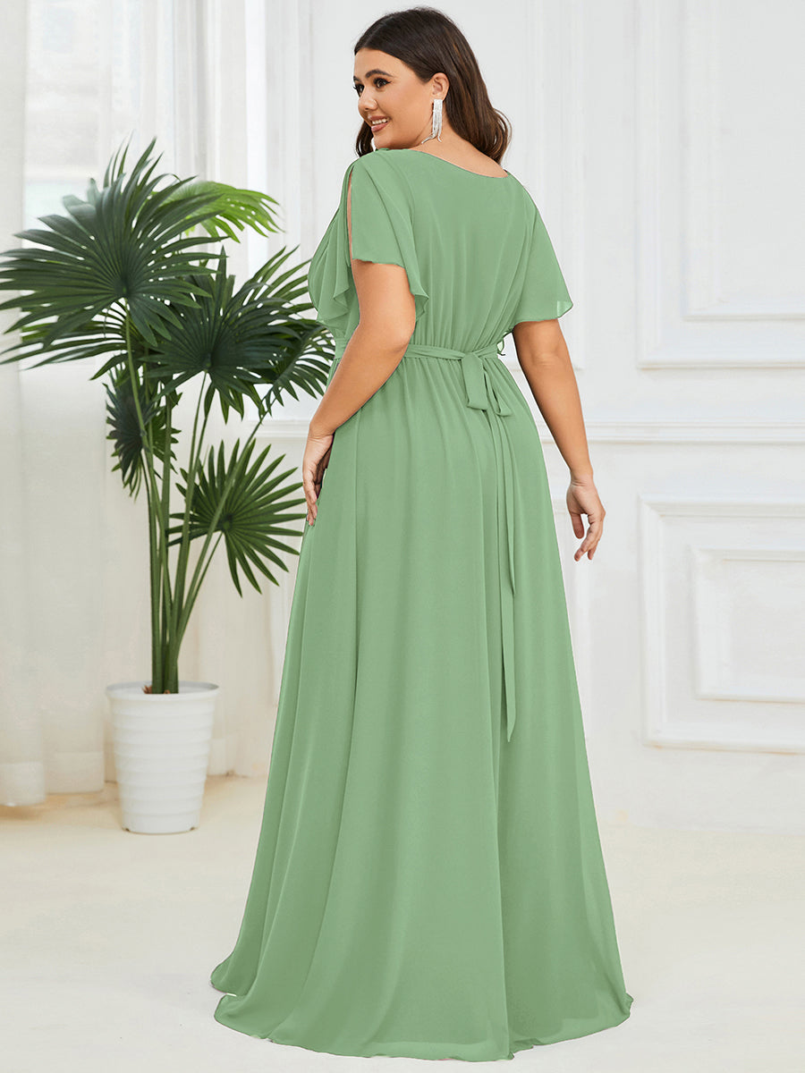 V-Ausschnitt kurze Ärmel Bodenlaenge A-Linie Chiffon Abendkleider #Farbe_Salbeigrün