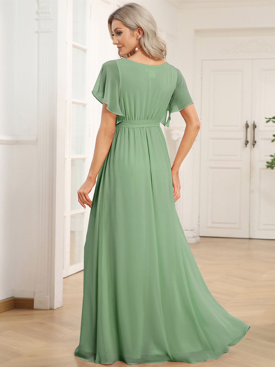 V-Ausschnitt kurze Ärmel Bodenlaenge A-Linie Chiffon Abendkleider #Farbe_Salbeigrün