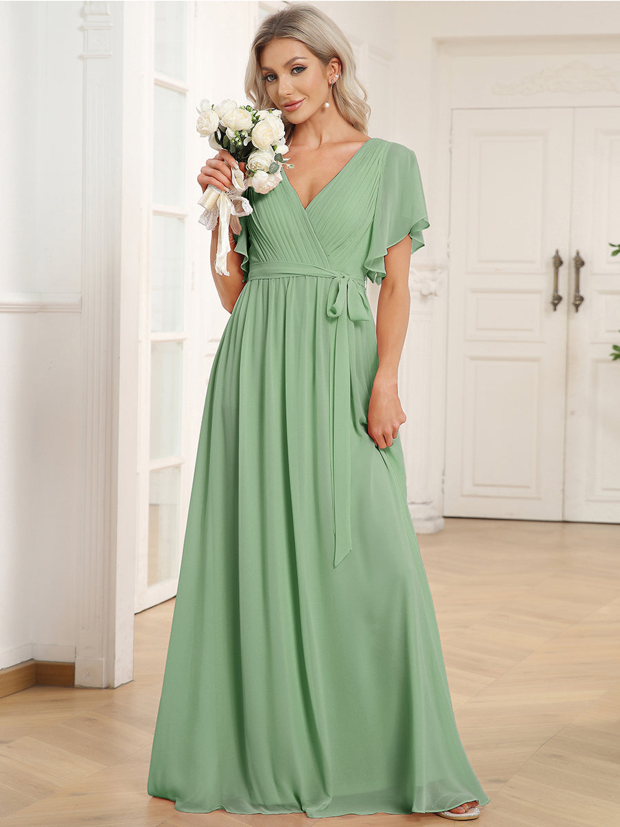 V-Ausschnitt kurze Ärmel Bodenlaenge A-Linie Chiffon Abendkleider #Farbe_Salbeigrün