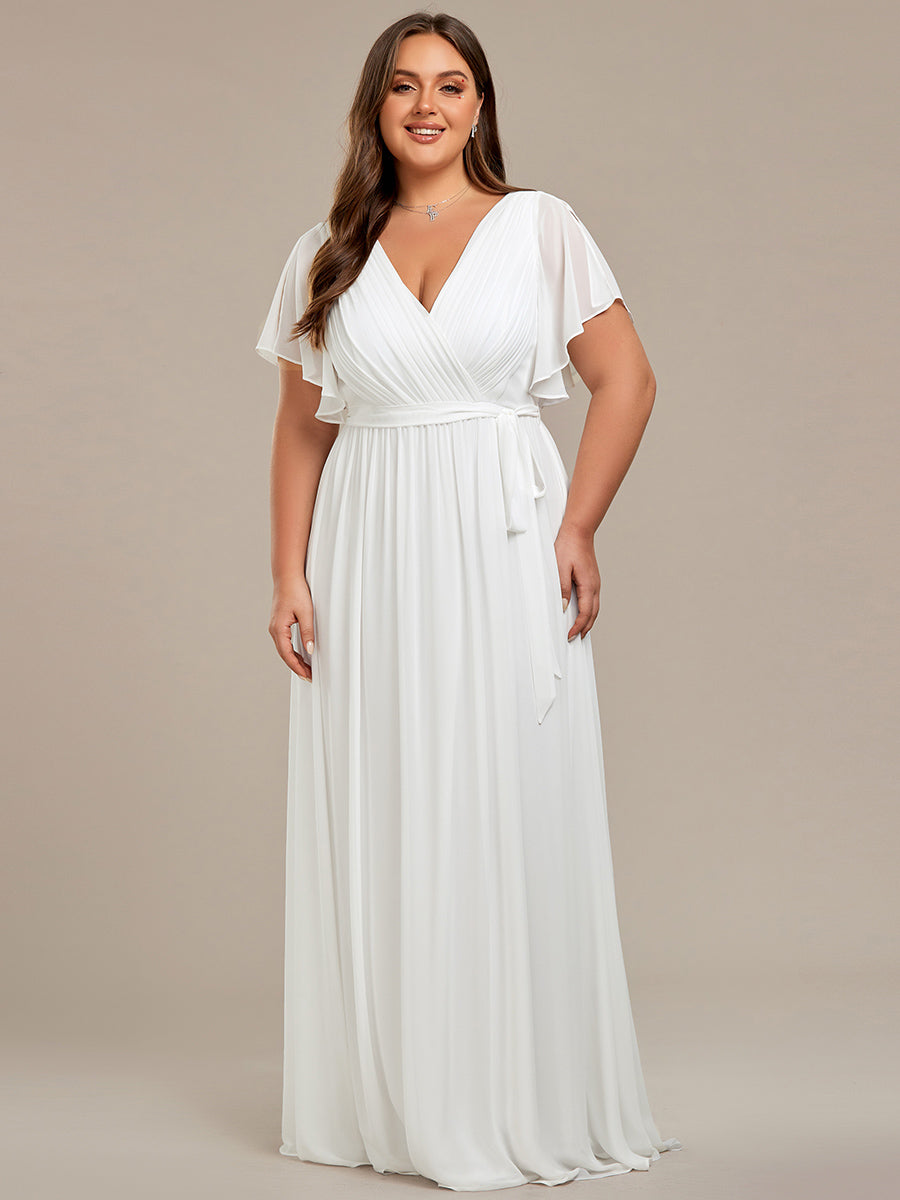V-Ausschnitt kurze Ärmel Bodenlaenge A-Linie Chiffon Abendkleider #Farbe_Weiß