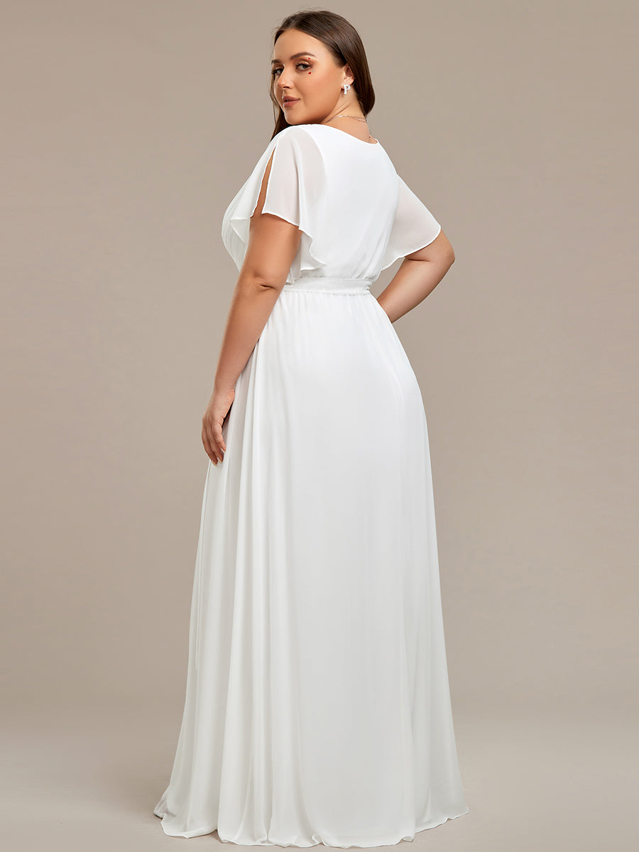 V-Ausschnitt kurze Ärmel Bodenlaenge A-Linie Chiffon Abendkleider #Farbe_Weiß