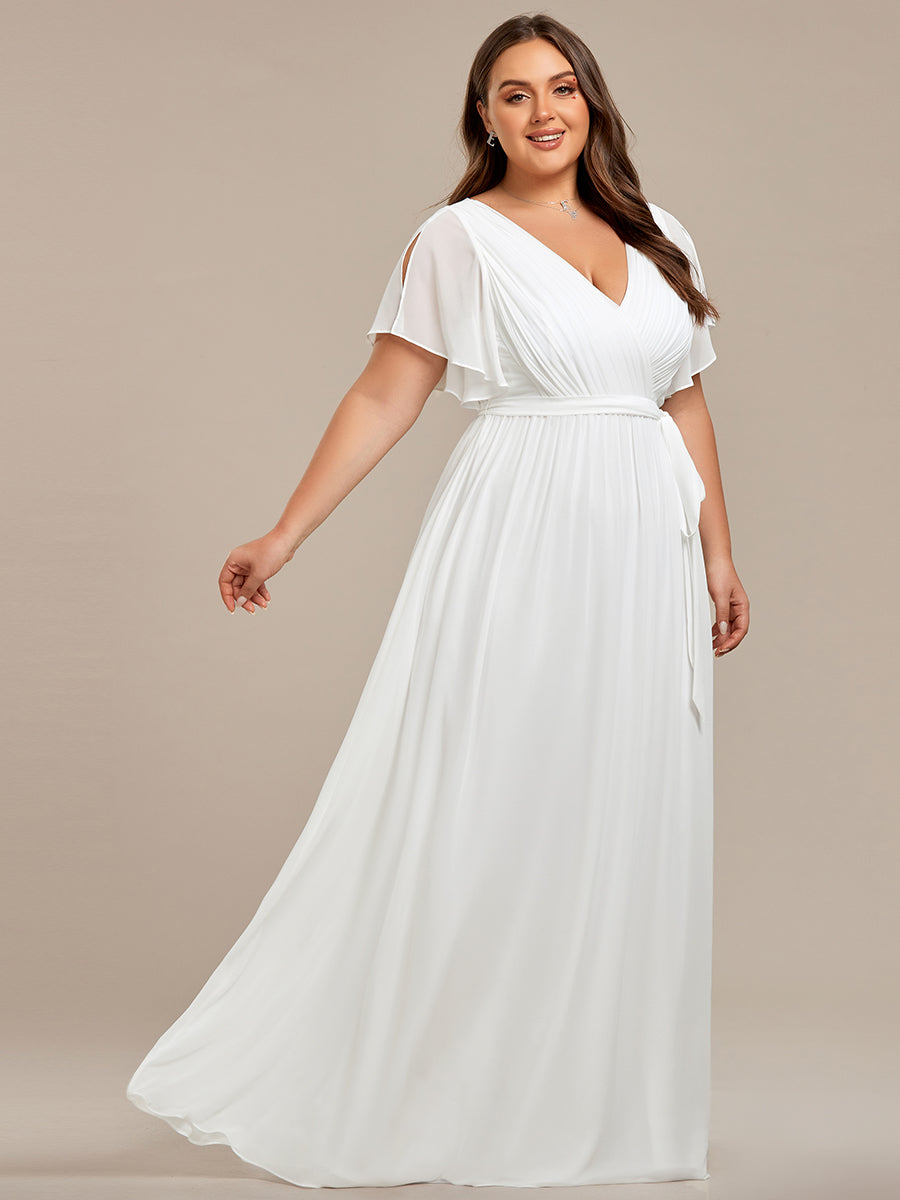 V-Ausschnitt kurze Ärmel Bodenlaenge A-Linie Chiffon Abendkleider #Farbe_Weiß