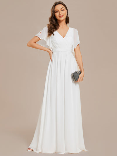 V-Ausschnitt kurze Ärmel Bodenlaenge A-Linie Chiffon Abendkleider #Farbe_Weiß