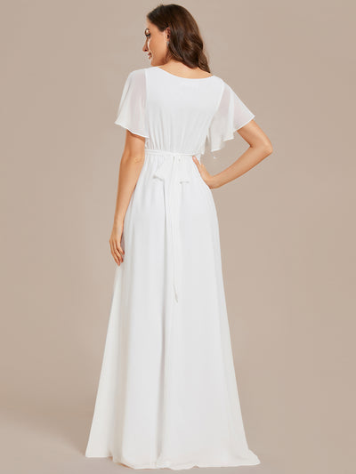 V-Ausschnitt kurze Ärmel Bodenlaenge A-Linie Chiffon Abendkleider #Farbe_Weiß