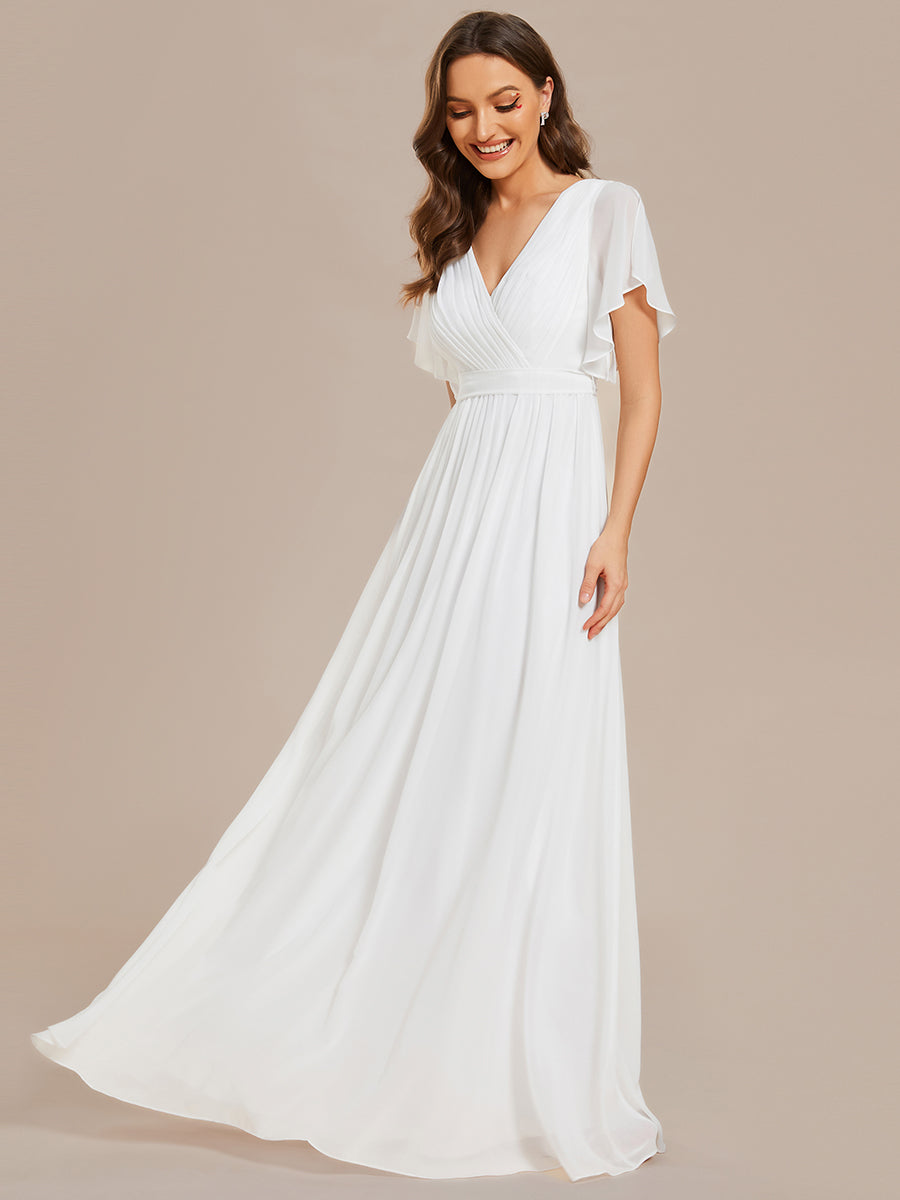 V-Ausschnitt kurze Ärmel Bodenlaenge A-Linie Chiffon Abendkleider #Farbe_Weiß
