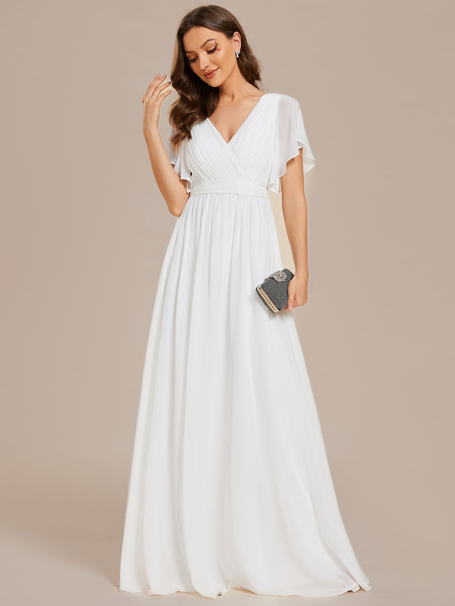 V-Ausschnitt kurze Ärmel Bodenlaenge A-Linie Chiffon Abendkleider #Farbe_Weiß