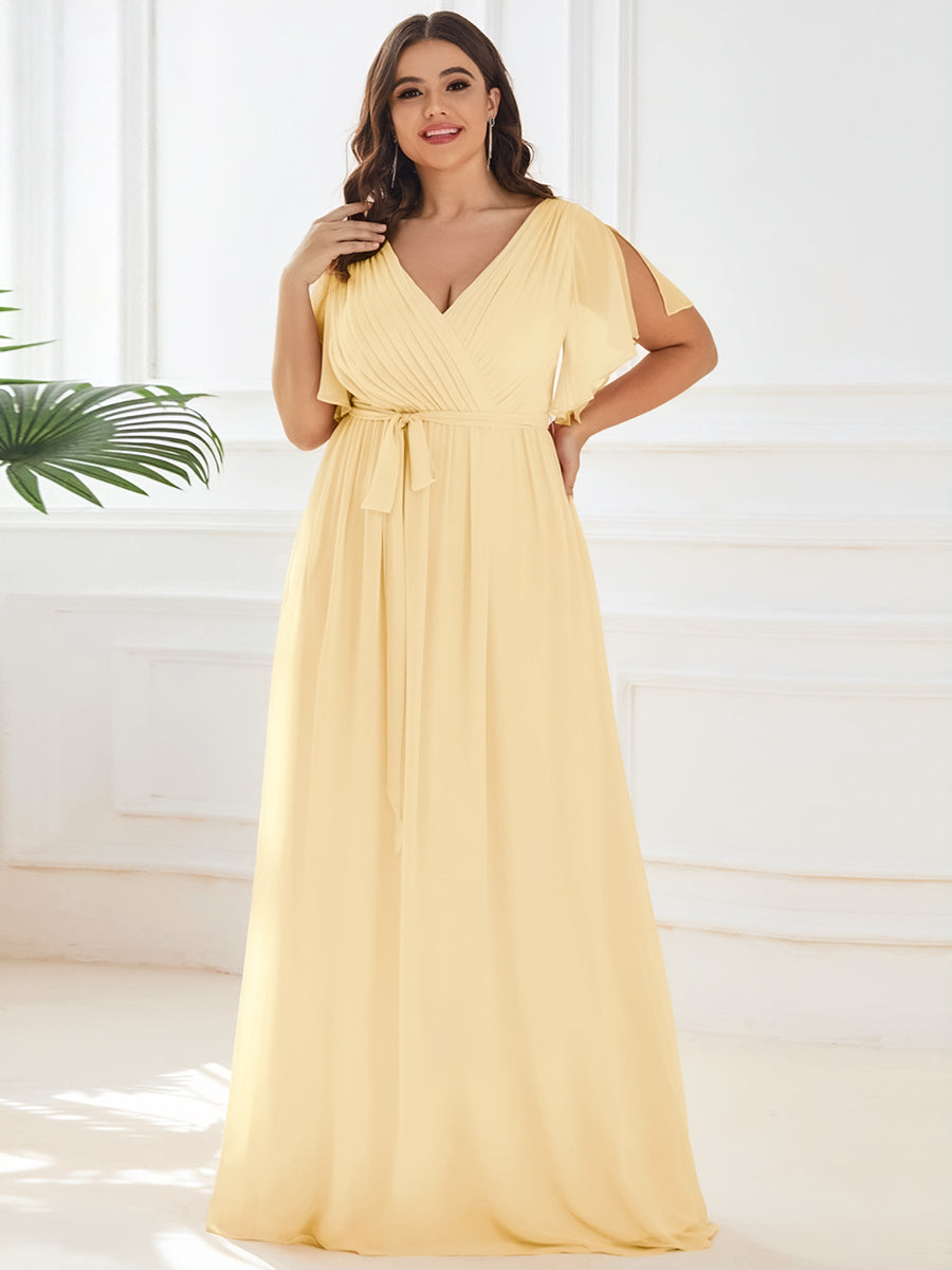 V-Ausschnitt kurze Ärmel Bodenlaenge A-Linie Chiffon Abendkleider #Farbe_Gelb
