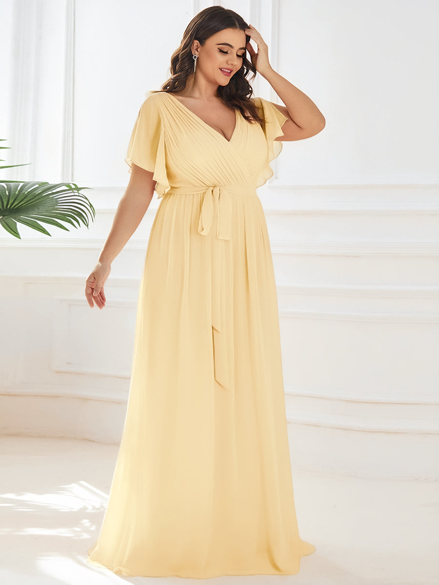 V-Ausschnitt kurze Ärmel Bodenlaenge A-Linie Chiffon Abendkleider #Farbe_Gelb