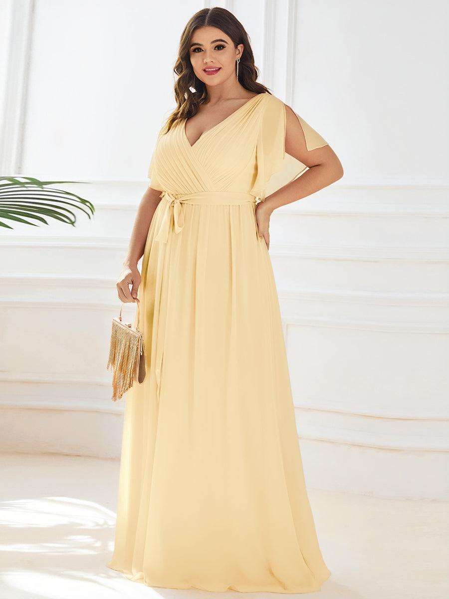 V-Ausschnitt kurze Ärmel Bodenlaenge A-Linie Chiffon Abendkleider #Farbe_Gelb