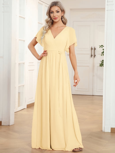 V-Ausschnitt kurze Ärmel Bodenlaenge A-Linie Chiffon Abendkleider #Farbe_Gelb