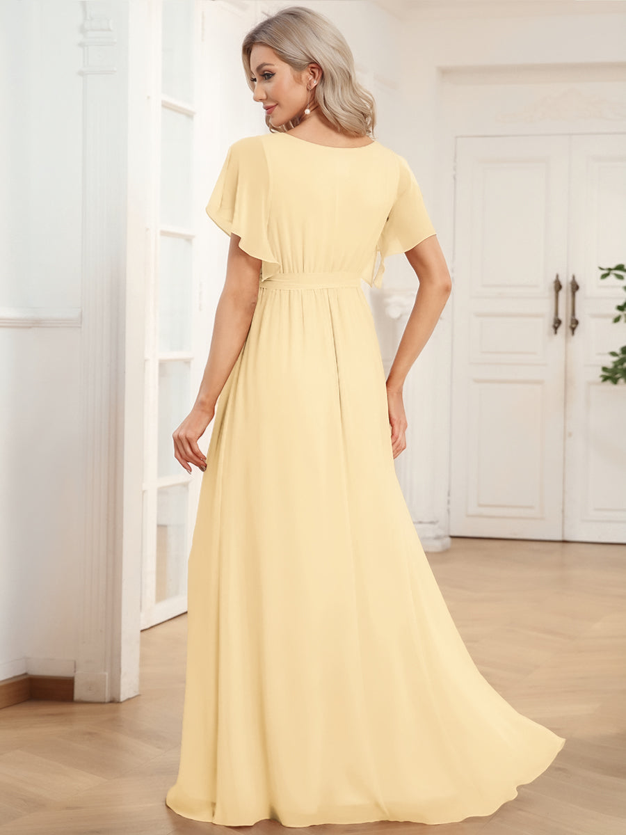 V-Ausschnitt kurze Ärmel Bodenlaenge A-Linie Chiffon Abendkleider #Farbe_Gelb