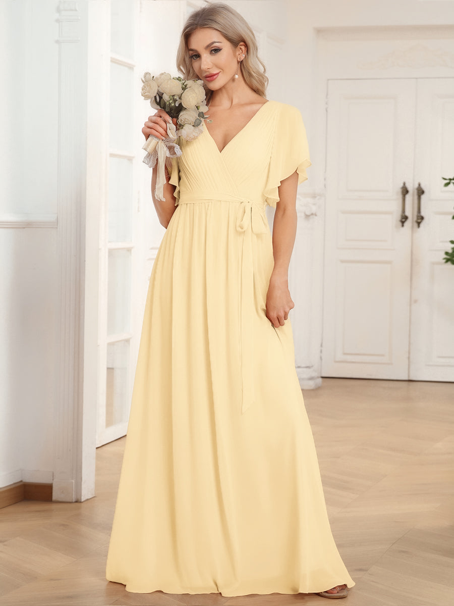 V-Ausschnitt kurze Ärmel Bodenlaenge A-Linie Chiffon Abendkleider #Farbe_Gelb