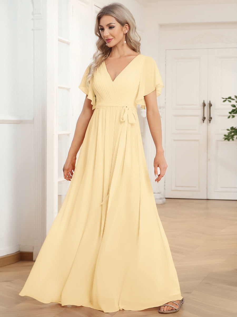 V-Ausschnitt kurze Ärmel Bodenlaenge A-Linie Chiffon Abendkleider #Farbe_Gelb