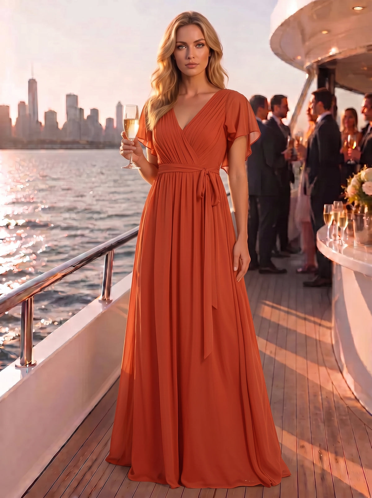 V-Ausschnitt kurze Ärmel Bodenlaenge A-Linie Chiffon Abendkleider #Farbe_Gebranntes Orange
