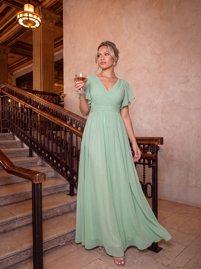 V-Ausschnitt kurze Ärmel Bodenlaenge A-Linie Chiffon Abendkleider #Farbe_Mintgrün