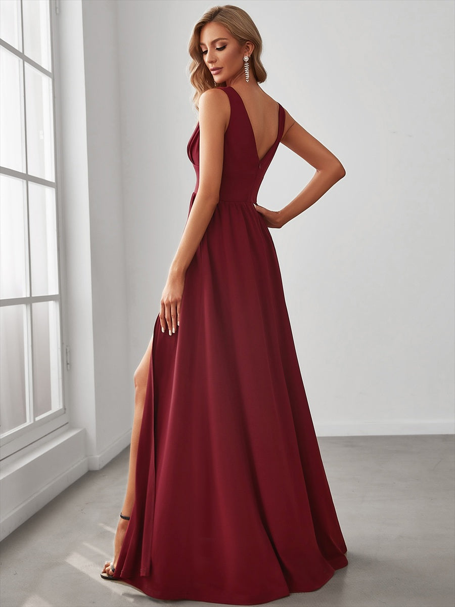 Doppelter V-Ausschnitt A-Linie Lang Ballkleid mit Schlitz Ballkleider #farbe_Burgunderrot