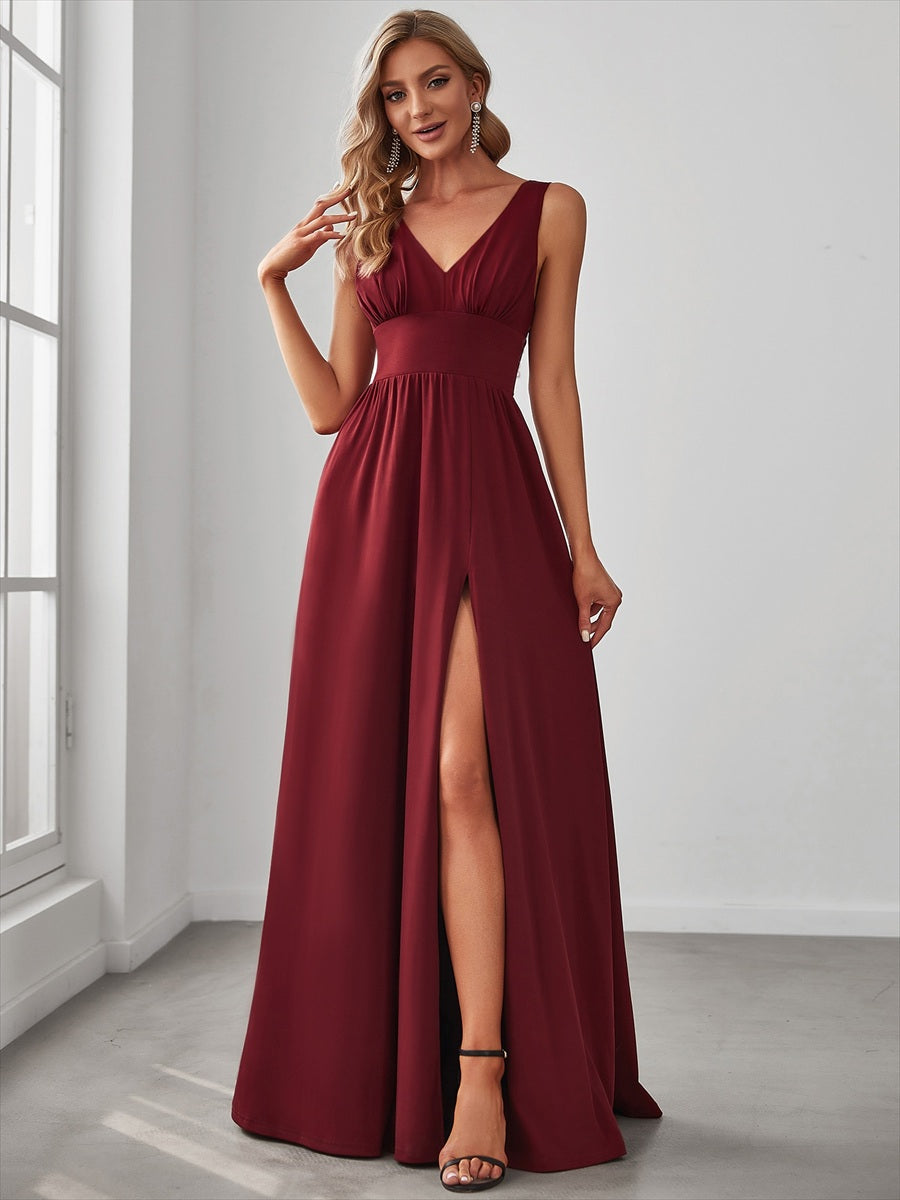 Doppelter V-Ausschnitt A-Linie Lang Ballkleid mit Schlitz Ballkleider #farbe_Burgunderrot