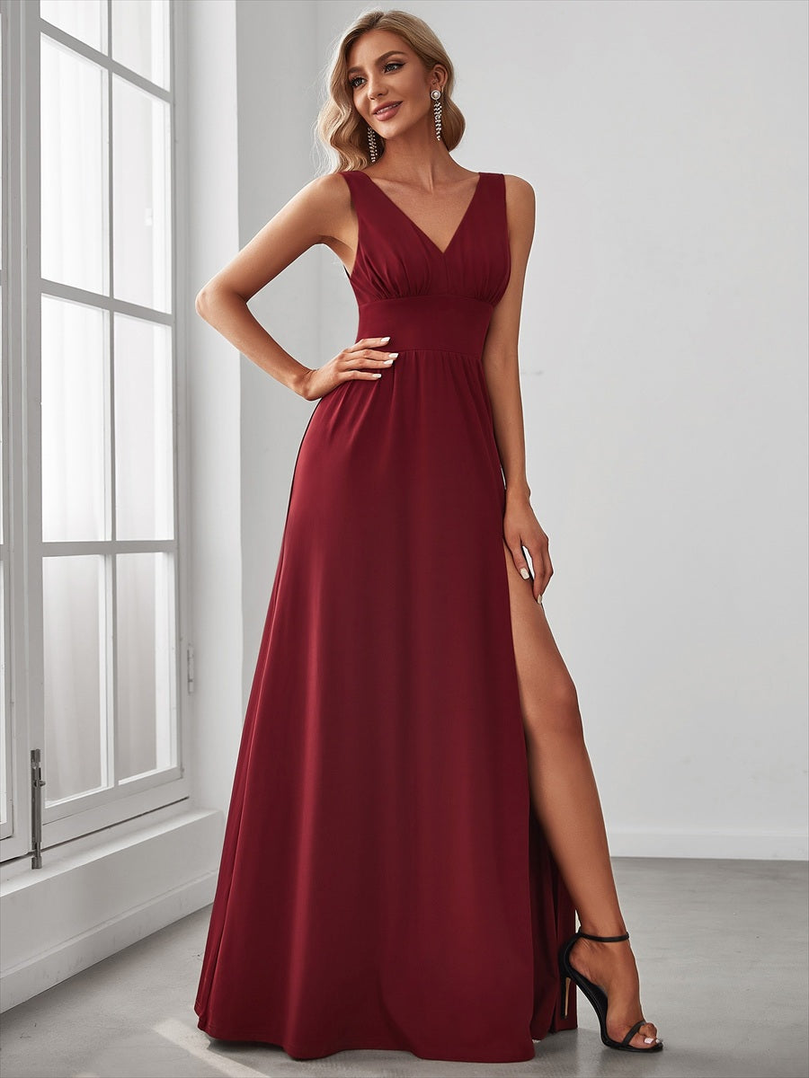 Doppelter V-Ausschnitt A-Linie Lang Ballkleid mit Schlitz Ballkleider #farbe_Burgunderrot