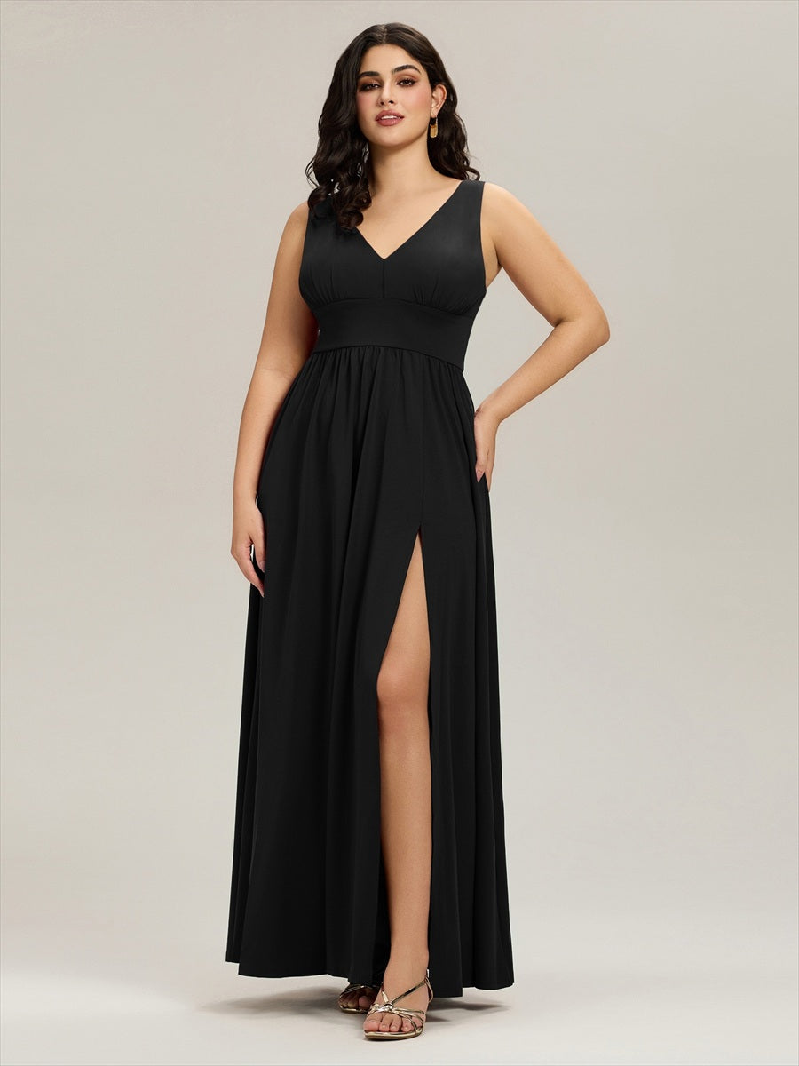 Doppelter V-Ausschnitt A-Linie Lang Ballkleid mit Schlitz Ballkleider #farbe_Schwarz